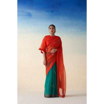 Janki India Orange & Green Organza Embroidered Saree and Petticoat Without Blouse