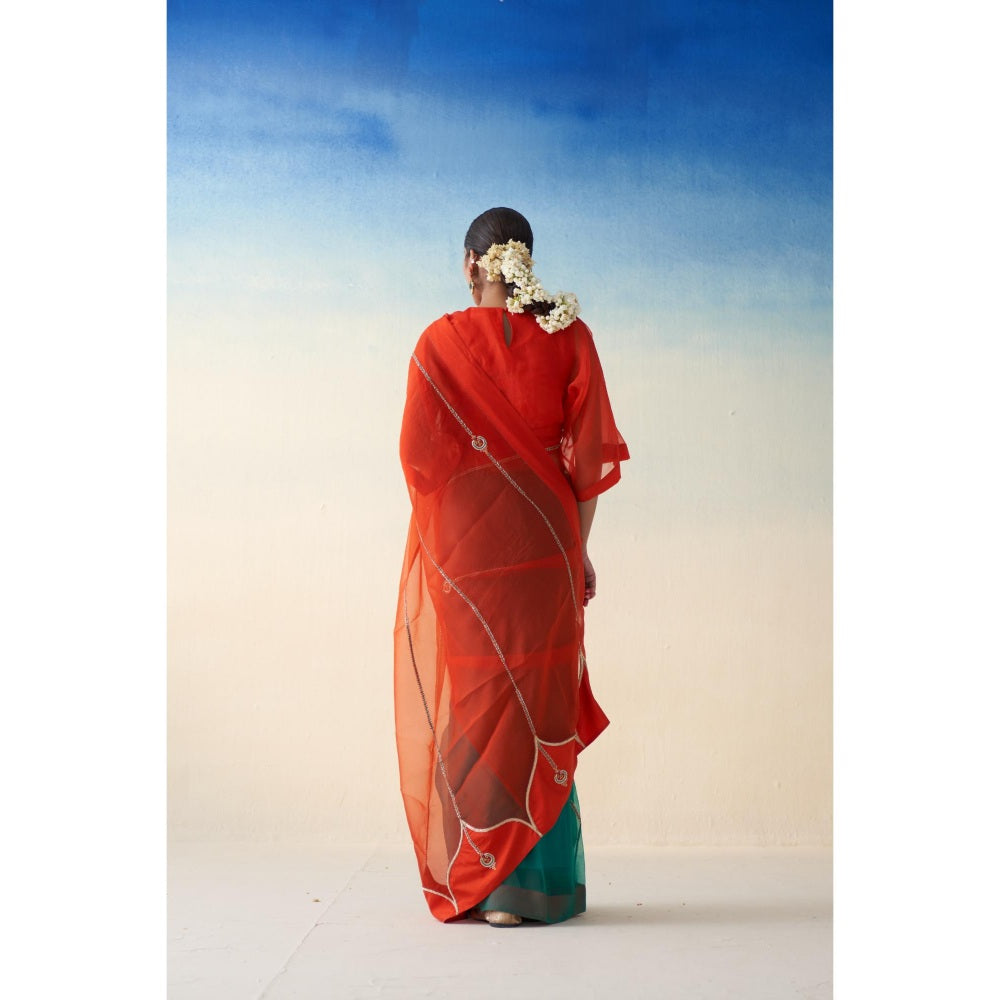 Janki India Orange & Green Organza Embroidered Saree and Petticoat Without Blouse