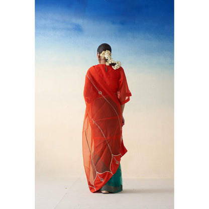 Janki India Orange & Green Organza Embroidered Saree and Petticoat Without Blouse