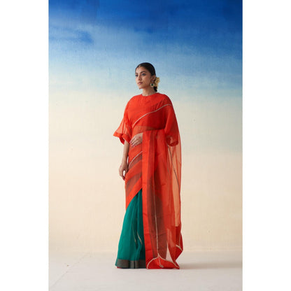 Janki India Orange & Green Organza Embroidered Saree and Petticoat Without Blouse