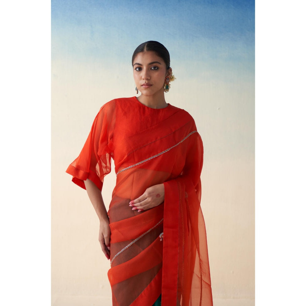 Janki India Orange & Green Organza Embroidered Saree and Petticoat Without Blouse
