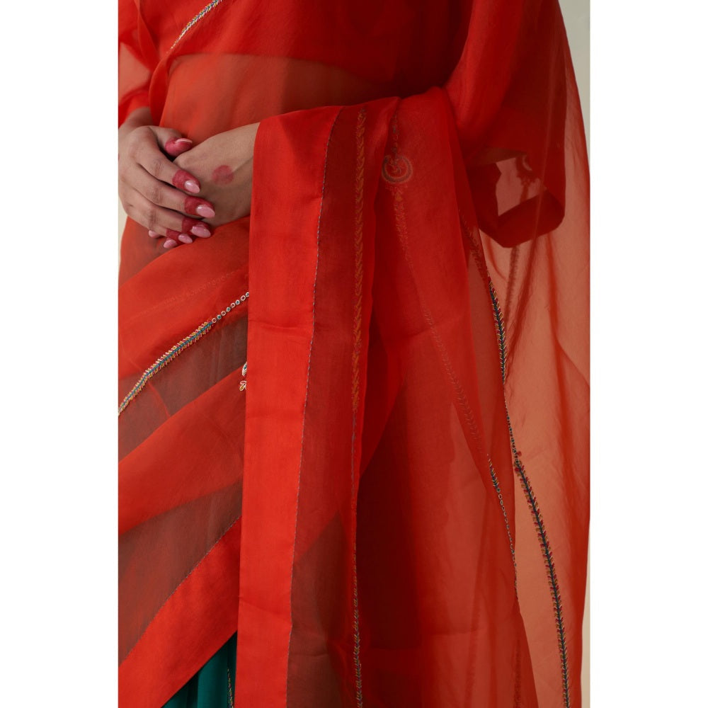 Janki India Orange & Green Organza Embroidered Saree and Petticoat Without Blouse