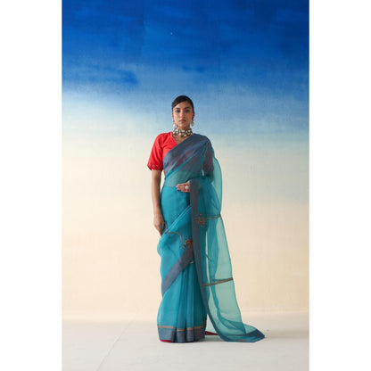 Janki India Blue Organza Embroidered Saree and Petticoat Without Blouse