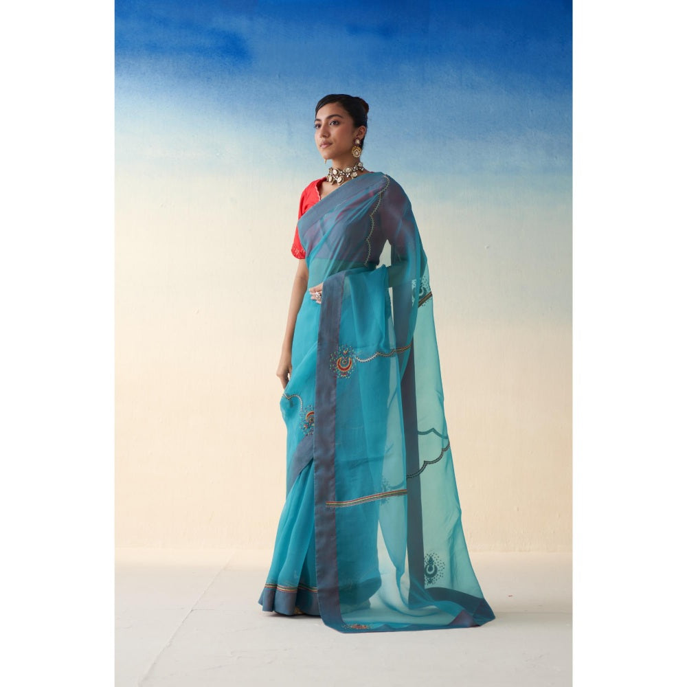 Janki India Blue Organza Embroidered Saree and Petticoat Without Blouse