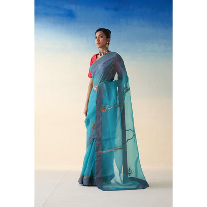 Janki India Blue Organza Embroidered Saree and Petticoat Without Blouse