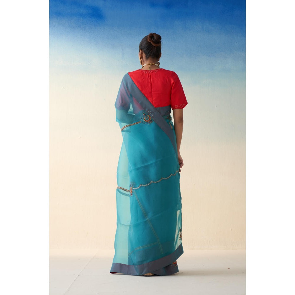 Janki India Blue Organza Embroidered Saree and Petticoat Without Blouse