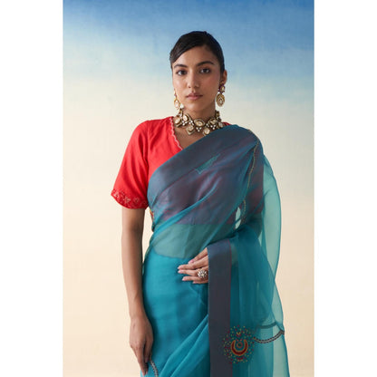Janki India Blue Organza Embroidered Saree and Petticoat Without Blouse