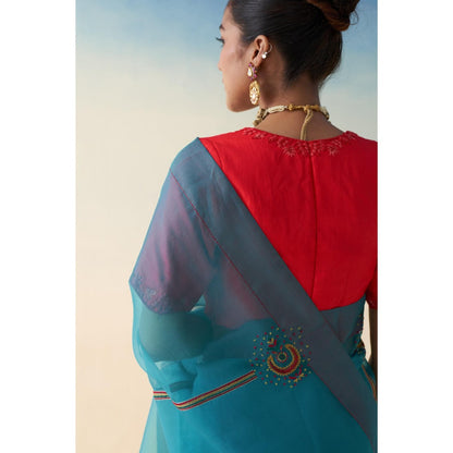 Janki India Blue Organza Embroidered Saree and Petticoat Without Blouse