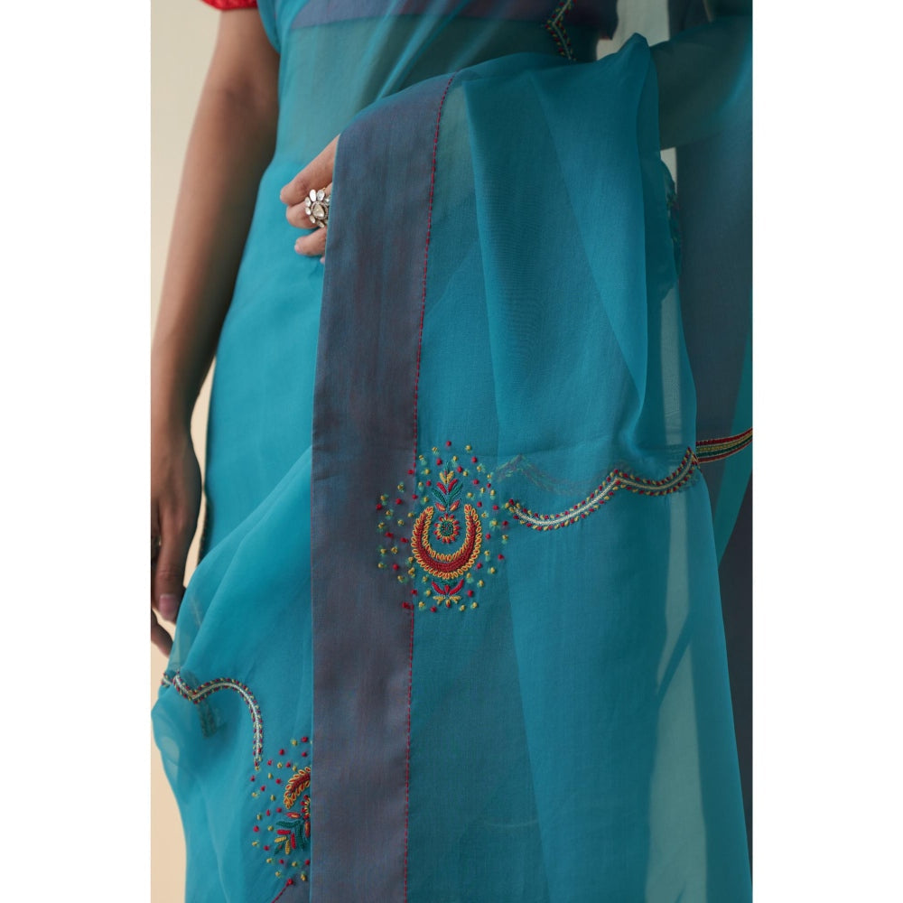 Janki India Blue Organza Embroidered Saree and Petticoat Without Blouse