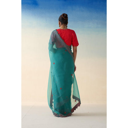 Janki India Turquoise Organza Checkered Jaal Saree and Petticoat Without Blouse