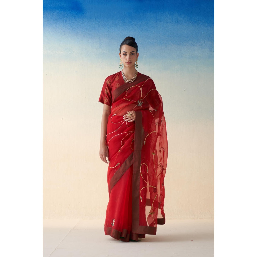 Janki India Red Organza Jaal Embroidered Saree and Petticoat Without Blouse