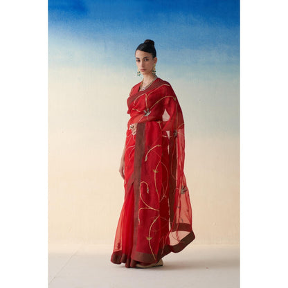 Janki India Red Organza Jaal Embroidered Saree and Petticoat Without Blouse