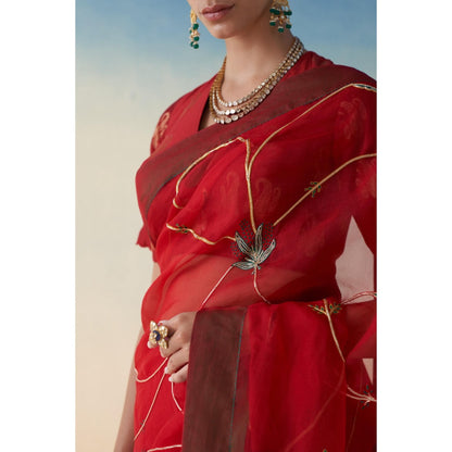 Janki India Red Organza Jaal Embroidered Saree and Petticoat Without Blouse