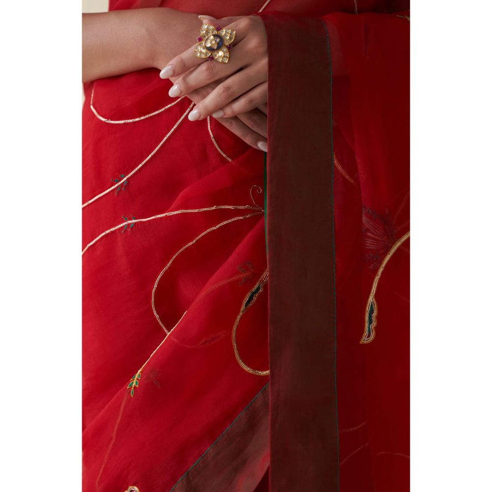 Janki India Red Organza Jaal Embroidered Saree and Petticoat Without Blouse