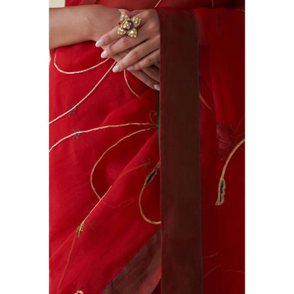 Janki India Red Organza Jaal Embroidered Saree and Petticoat Without Blouse