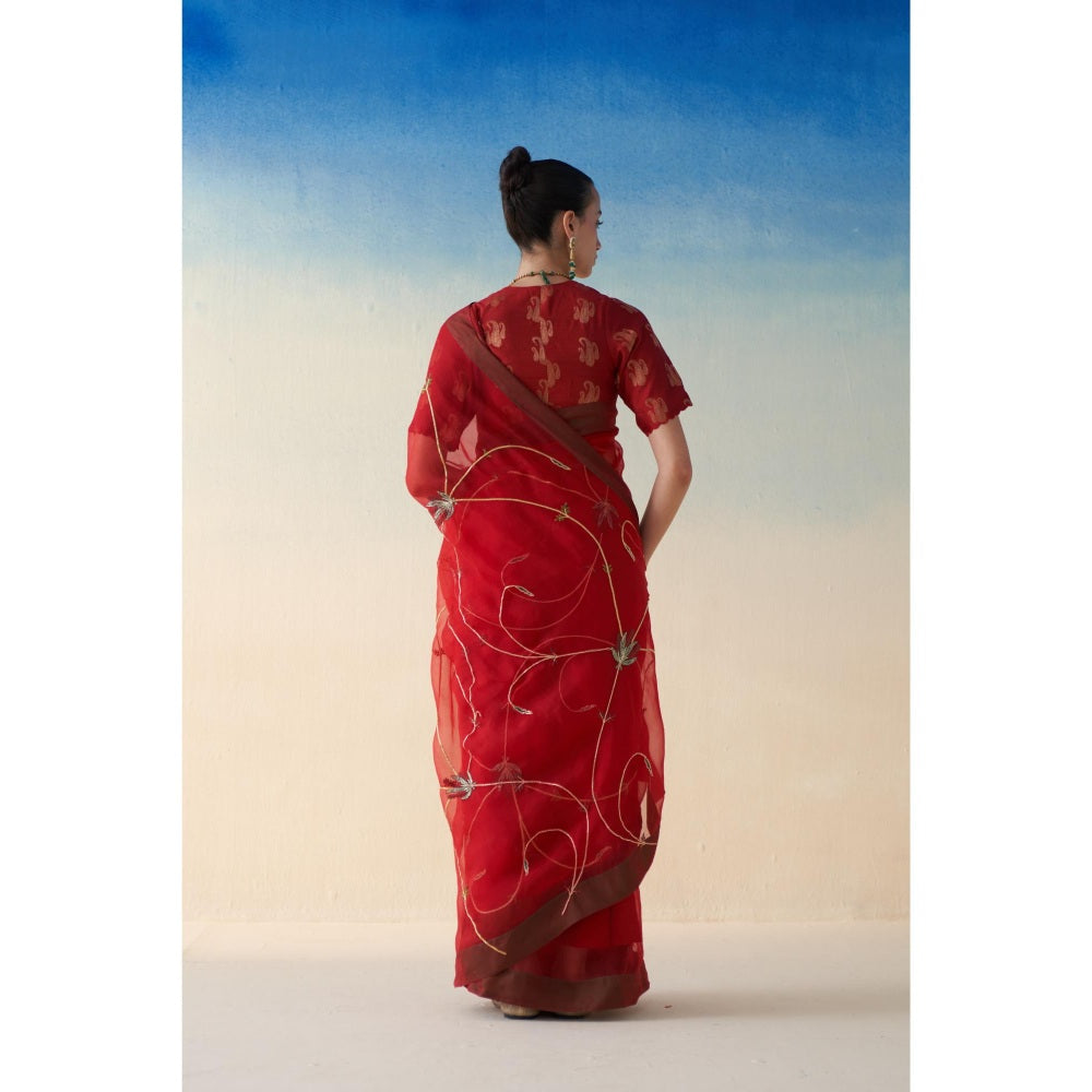 Janki India Red Organza Jaal Embroidered Saree and Petticoat Without Blouse