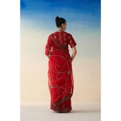 Janki India Red Organza Jaal Embroidered Saree and Petticoat Without Blouse