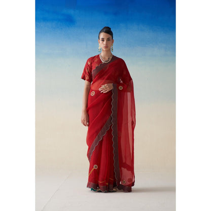 Janki India Red Organza Embroidered Saree and Petticoat Without Blouse