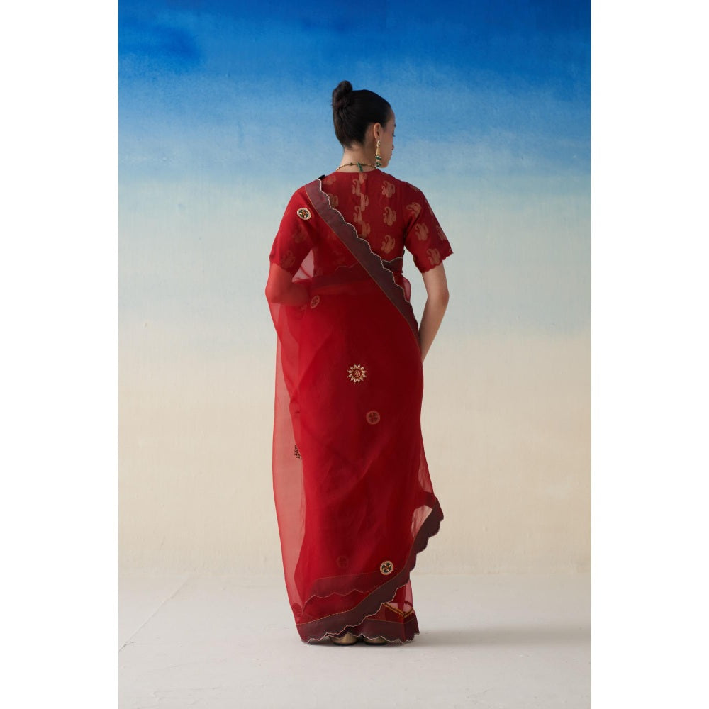Janki India Red Organza Embroidered Saree and Petticoat Without Blouse