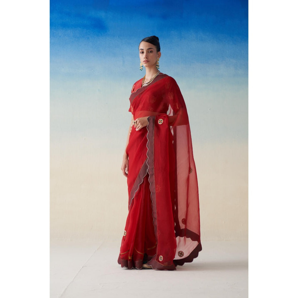 Janki India Red Organza Embroidered Saree and Petticoat Without Blouse