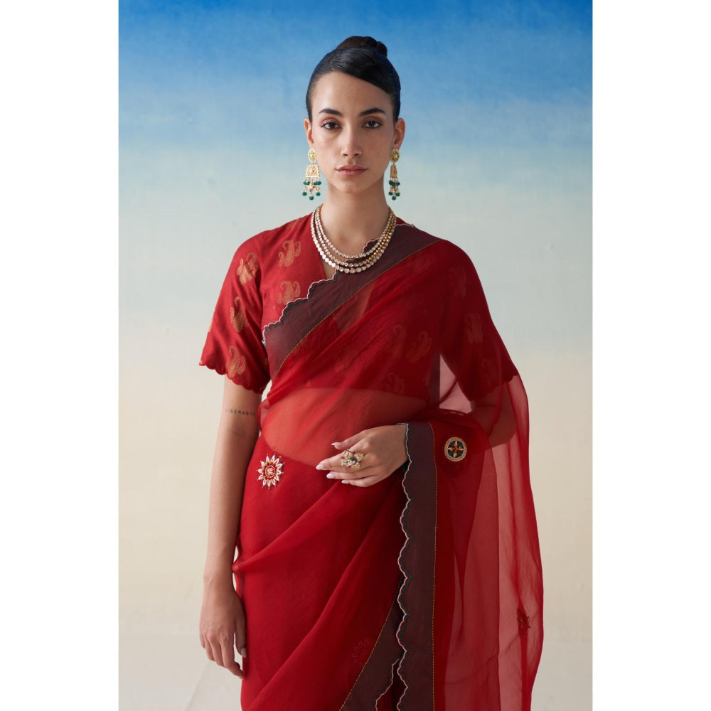 Janki India Red Organza Embroidered Saree and Petticoat Without Blouse