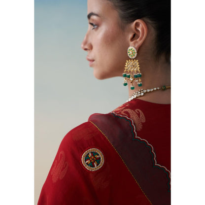 Janki India Red Organza Embroidered Saree and Petticoat Without Blouse