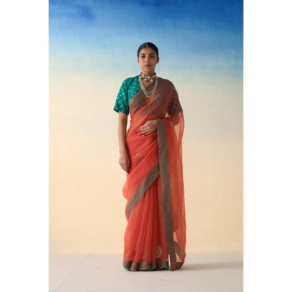Janki India Peach Organza Embroidered Saree and Petticoat Without Blouse