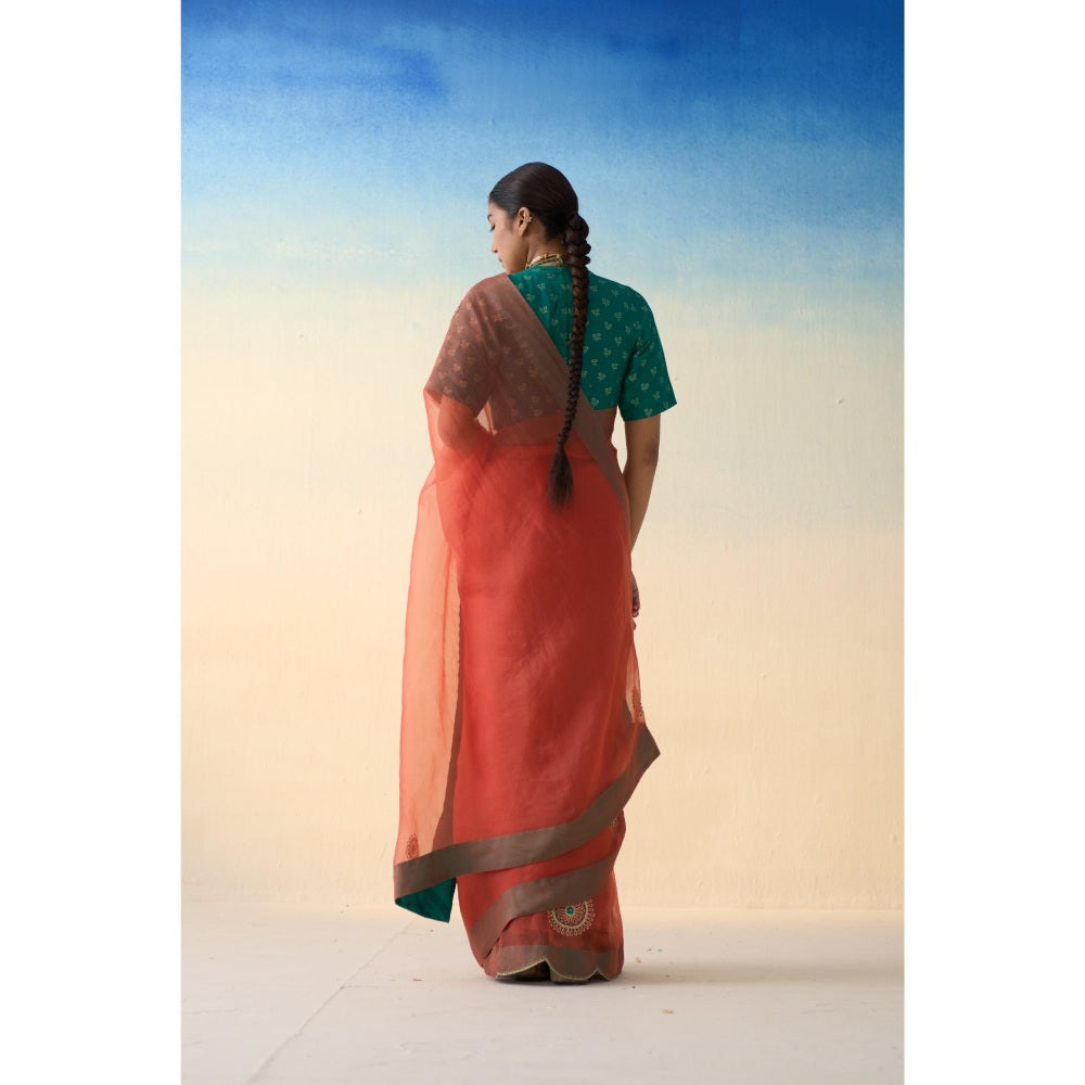 Janki India Peach Organza Embroidered Saree and Petticoat Without Blouse