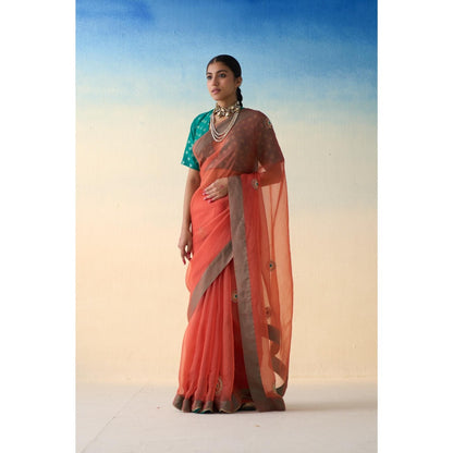 Janki India Peach Organza Embroidered Saree and Petticoat Without Blouse