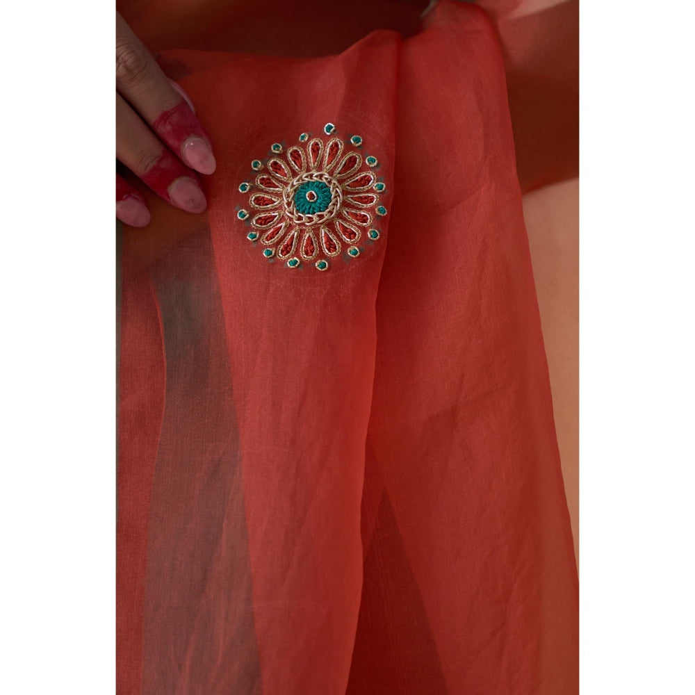 Janki India Peach Organza Embroidered Saree and Petticoat Without Blouse