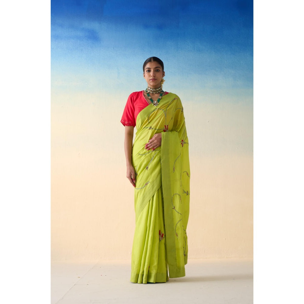 Janki India Lime Green Silk Jaal Embroidered Saree and Petticoat Without Blouse