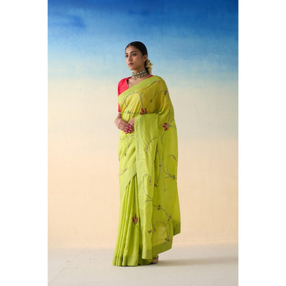 Janki India Lime Green Silk Jaal Embroidered Saree and Petticoat Without Blouse