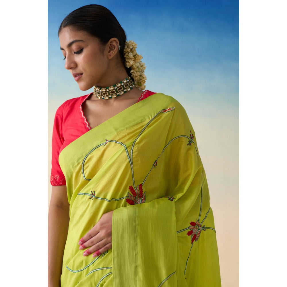 Janki India Lime Green Silk Jaal Embroidered Saree and Petticoat Without Blouse