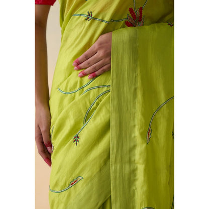 Janki India Lime Green Silk Jaal Embroidered Saree and Petticoat Without Blouse