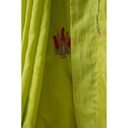 Janki India Lime Green Silk Jaal Embroidered Saree and Petticoat Without Blouse