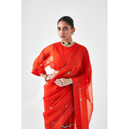 Janki India Orange Embroidered Organza Saree and Petticoat Without Blouse