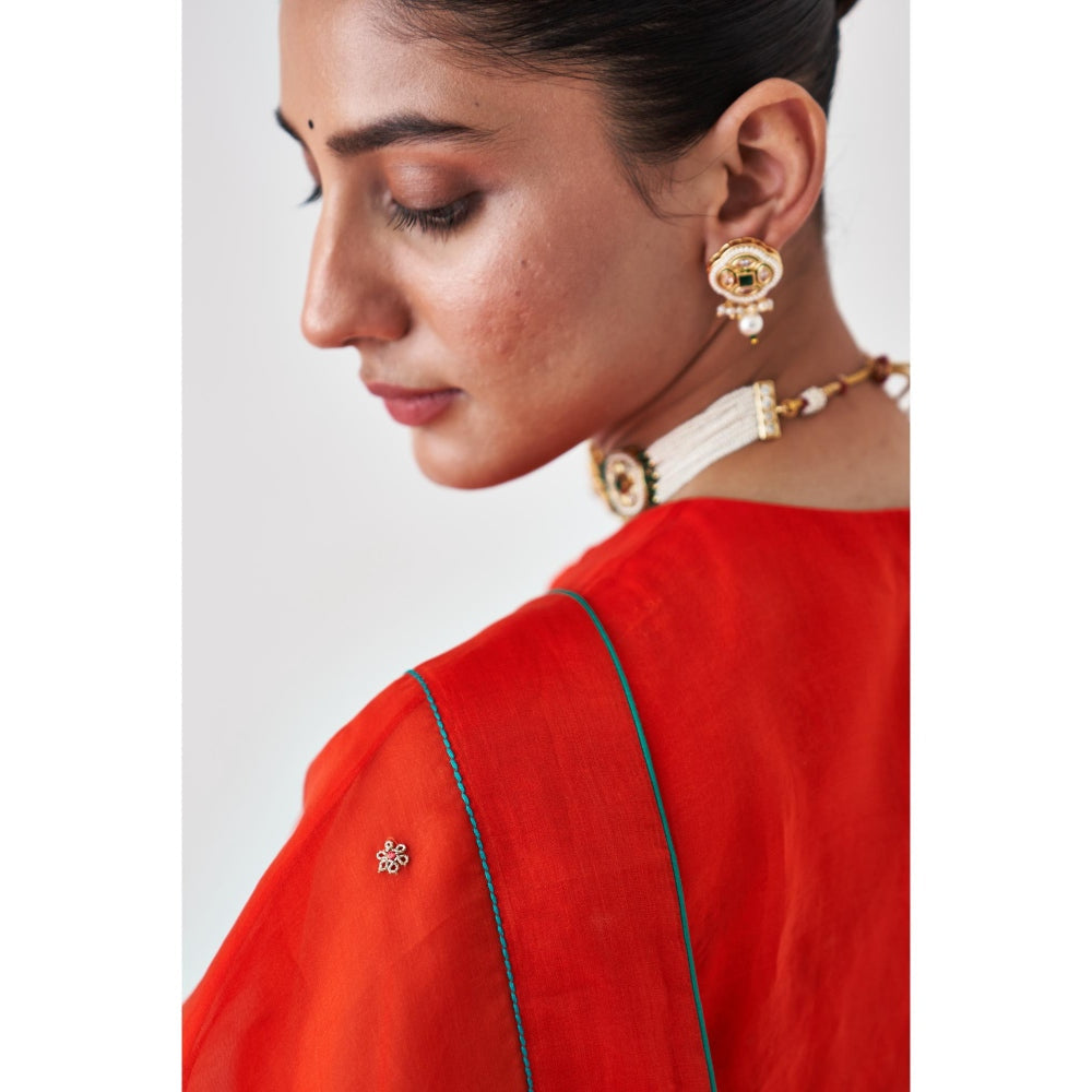 Janki India Orange Embroidered Organza Saree and Petticoat Without Blouse