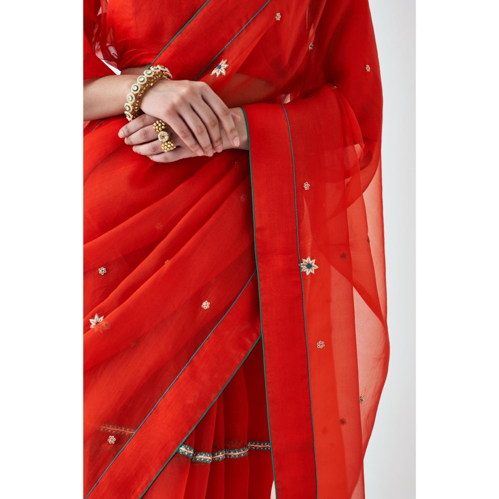 Janki India Orange Embroidered Organza Saree and Petticoat Without Blouse