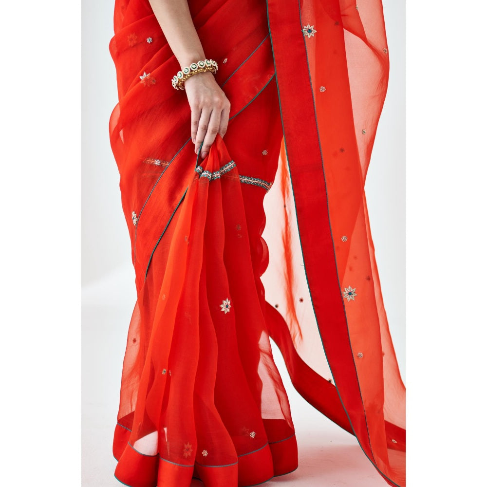 Janki India Orange Embroidered Organza Saree and Petticoat Without Blouse