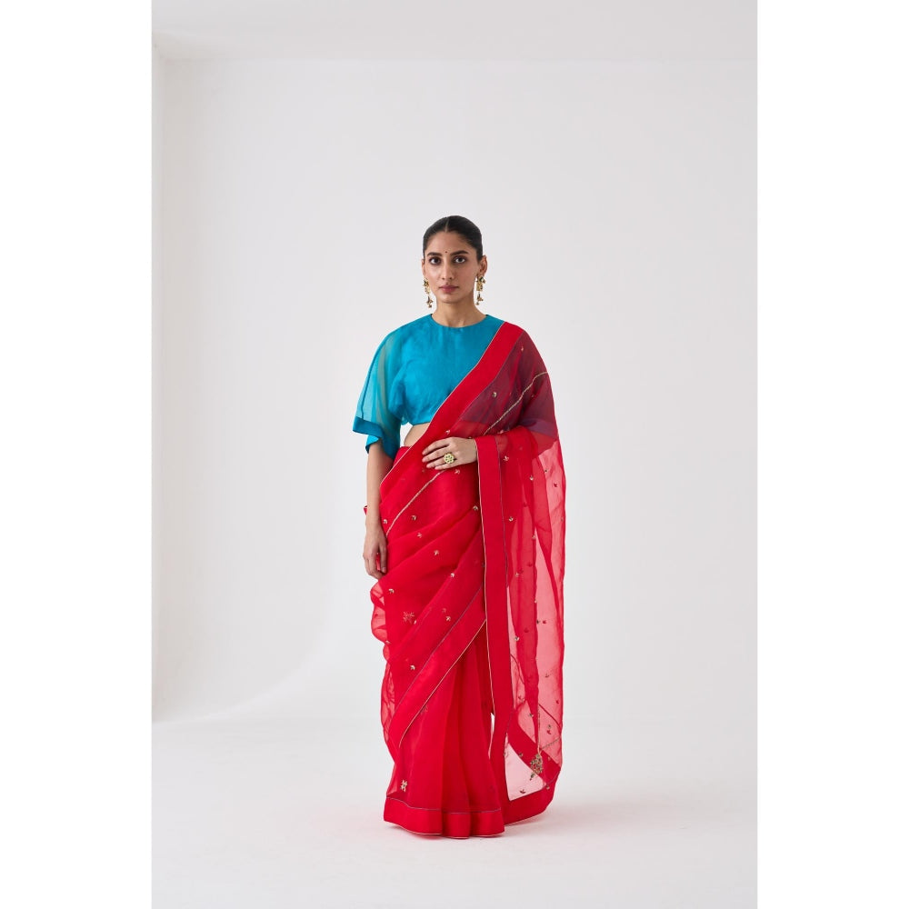 Janki India Red Organza Embroidered Saree and Petticoat Without Blouse