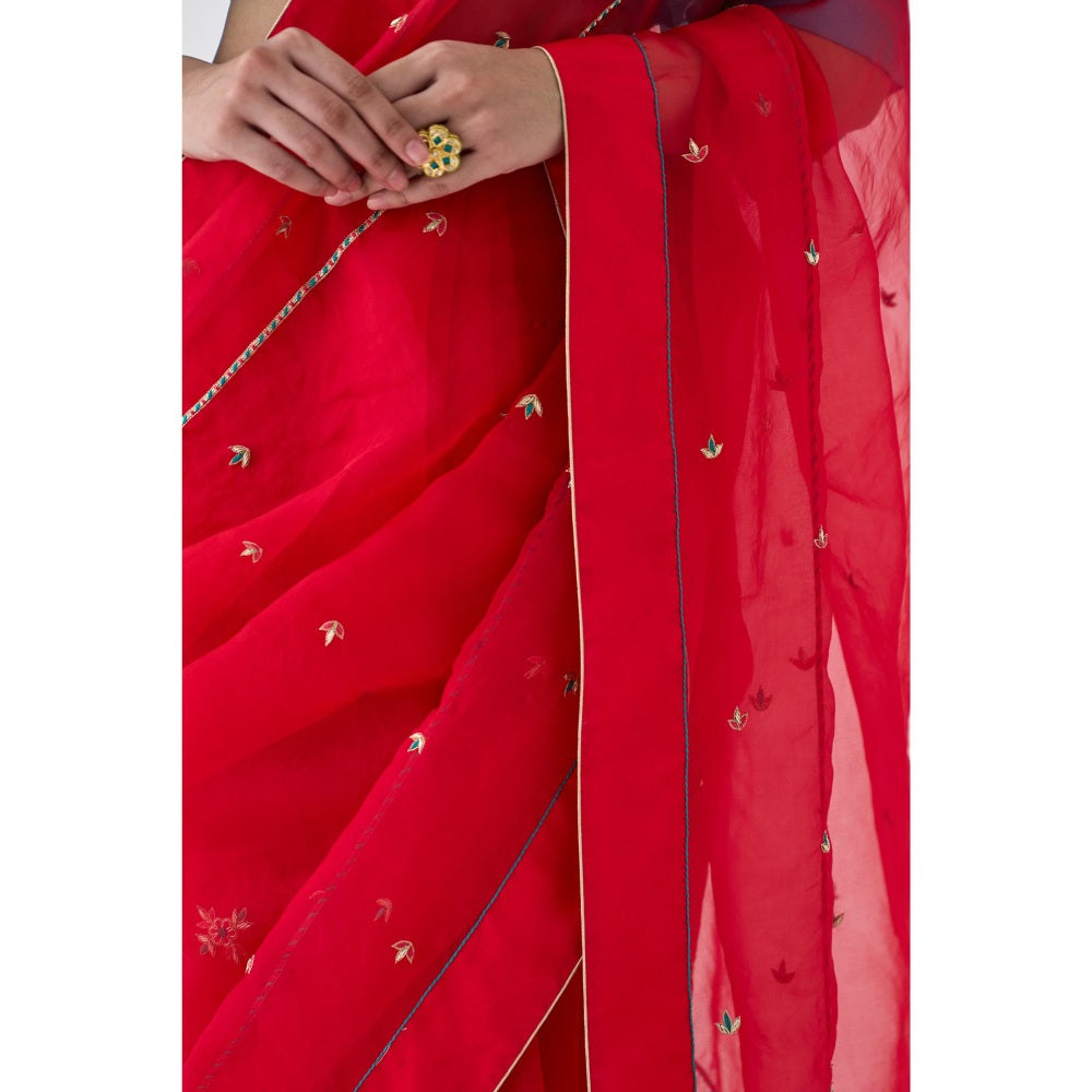 Janki India Red Organza Embroidered Saree and Petticoat Without Blouse