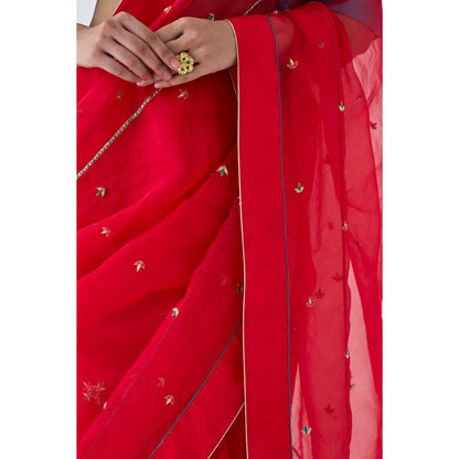 Janki India Red Organza Embroidered Saree and Petticoat Without Blouse