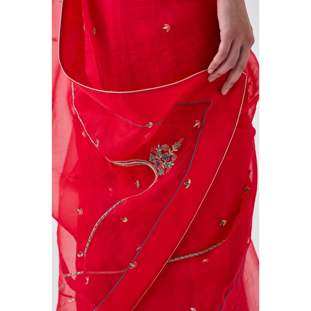 Janki India Red Organza Embroidered Saree and Petticoat Without Blouse