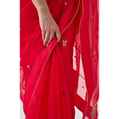 Janki India Red Organza Embroidered Saree and Petticoat Without Blouse