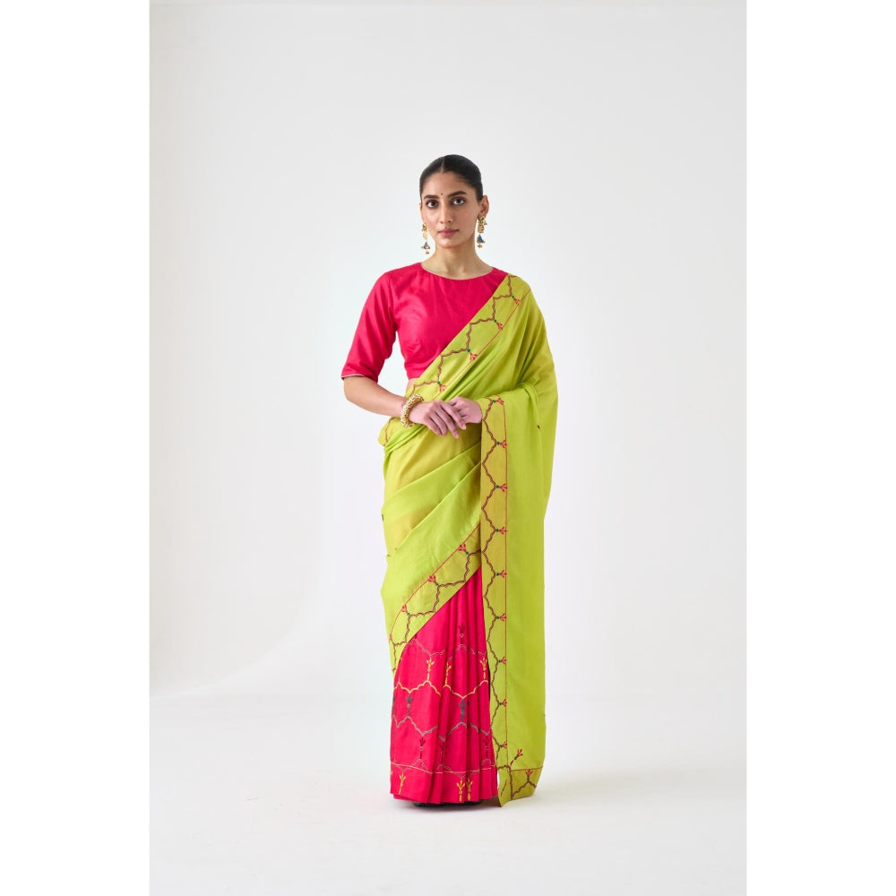 Janki India Lime Green & Fuchsia Embroidered Saree and Petticoat Without Blouse