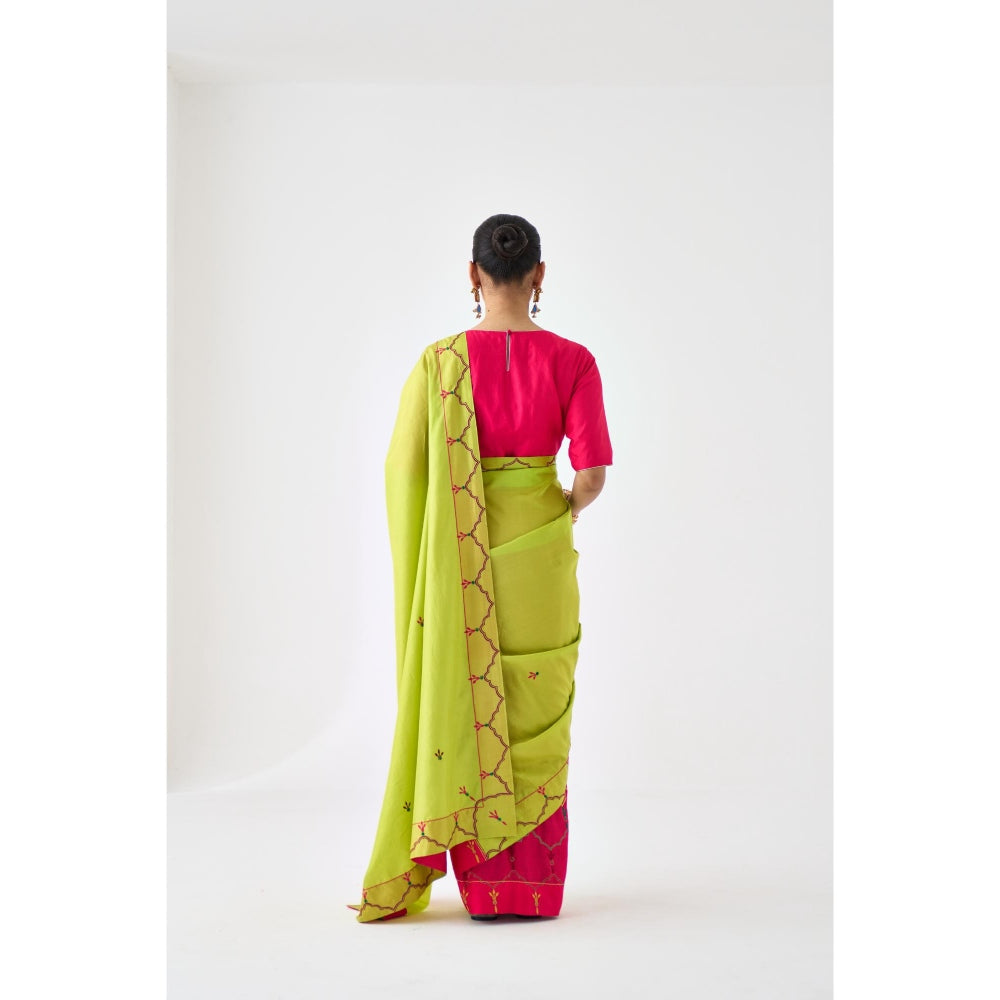 Janki India Lime Green & Fuchsia Embroidered Saree and Petticoat Without Blouse