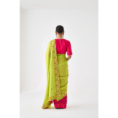 Janki India Lime Green & Fuchsia Embroidered Saree and Petticoat Without Blouse