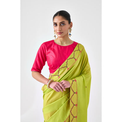 Janki India Lime Green & Fuchsia Embroidered Saree and Petticoat Without Blouse
