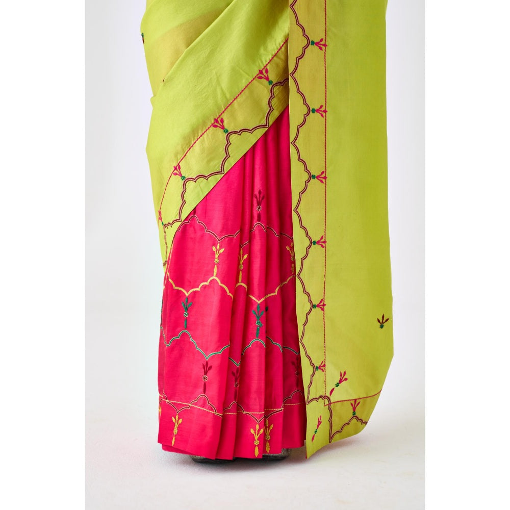 Janki India Lime Green & Fuchsia Embroidered Saree and Petticoat Without Blouse
