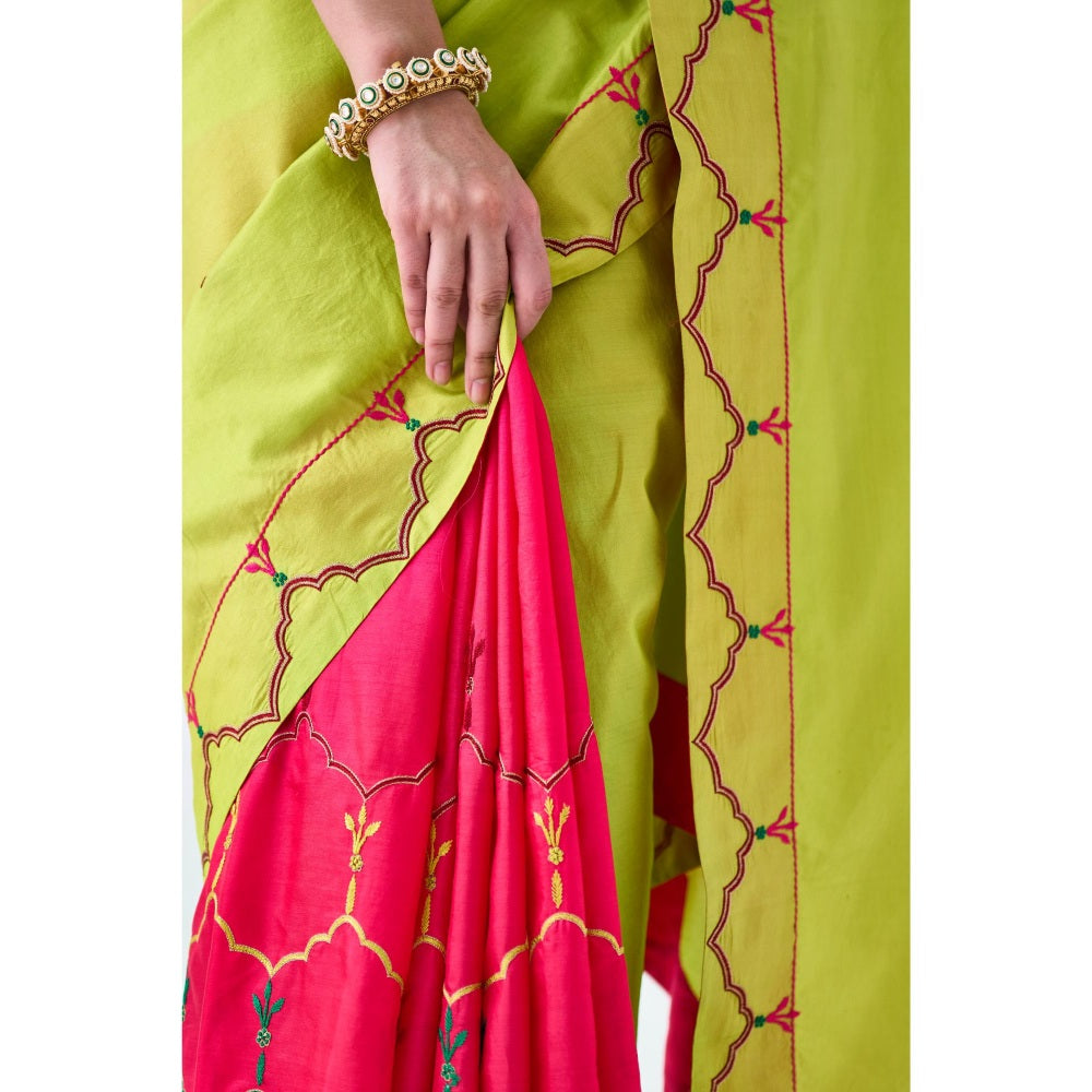 Janki India Lime Green & Fuchsia Embroidered Saree and Petticoat Without Blouse